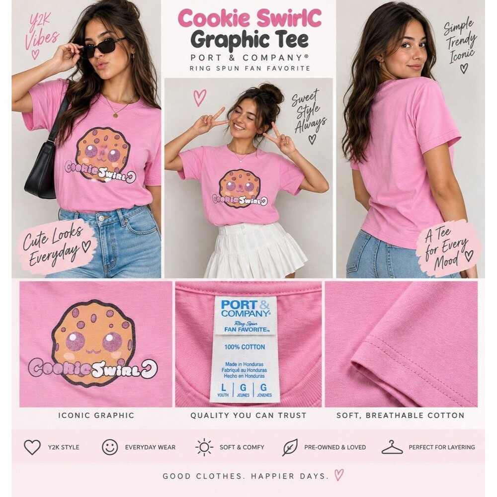 CookieSwirlC Pink Kawaii Graphic Tee Youth L 100% Cotton YouTuber Merch
